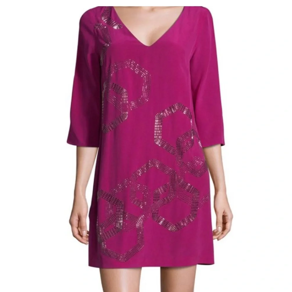 TRINA TURK Boysenberry GLITTERATI Beaded Sequins Geo Pattern Silk Mini Dress - Picture 1 of 8